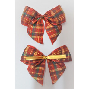 31177 - 40mm Hand tied Red , Green and Gold check wired edge ribbon bow with a gold twist tie  (2 pieces in a pack)