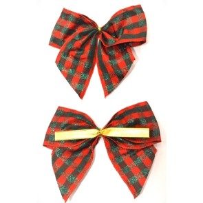 31178 - 40mm Hand tied Red and Green check wired edge ribbon bow with a gold twist tie  (2 pieces in a pack)