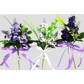 33002 - Floral arrangement with delicate flowers and leaves embellished with a satin bow.  Height  20cms ,  Width  11cms  (approx) 