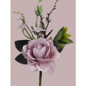 33006 - Dusky Lilac floral arrangement accompanied with lush green leaves.  Height  25cms ,  Width  13cms  (approx)