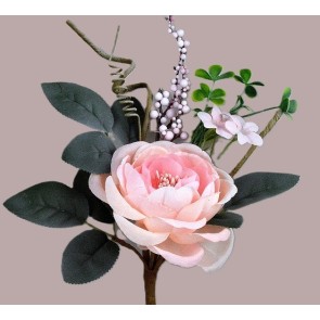 33008 - Soft Rose floral arrangement embraced with lush leaves and embellishments.  Height  28cms ,  Width 21cms  (approx) 
