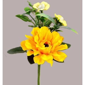 33009 - Bright Yellow floral arrangement accompanied with delicate Primrose flowers and leaves.  Height  17cms ,  Width  12cms   (approx)