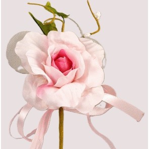 33014 - Delicate Pink rose floral arrangement with satin and organza bow and other embellishments.  Height  18cms ,  Width 17cms  (approx) 