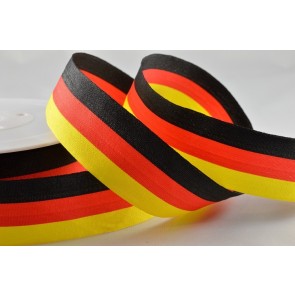 Y893 - 25mm Striped Flag Ribbon (25 Metres)-25mm- Black, Red & Yellow-25 Metres