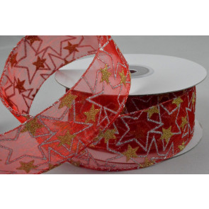 Y669 - 38mm Wired Sheer Glitter Star Ribbon x 10 Metre Rolls!-35 Red