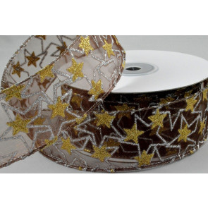 Y670 - 38mm Wired Sheer Glitter Star Ribbon x 10 Metre Rolls!-57 Brown