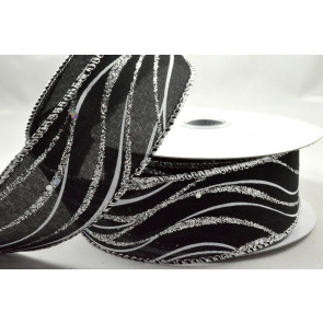 Y525 - 38mm Black Wired Lurex Wavey Ribbon x 10 Metre Rolls