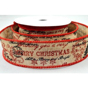 Y835 - 25mm Wired Merry Christmas Scroll Burlap Ribbon x 10 Metre Rolls!