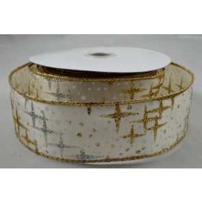 Y838 - 25mm Wired Glitter Star Printed Ribbon x 10 Metre Rolls!