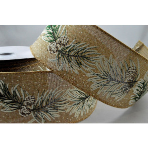 46052 - 63mm Wired Natural Snow Pine Covered Ribbon x 10 Metre Rolls!