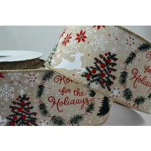 Y865 - 63mm Jute Natural ribbon with a wired edge and a Festive Christmas message with reindeers and trees x 10mts!