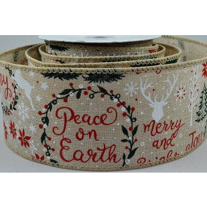 46055 - 63mm Jute Natural ribbon with a wired edge and a Festive Christmas message with reindeers and trees x 10mts!