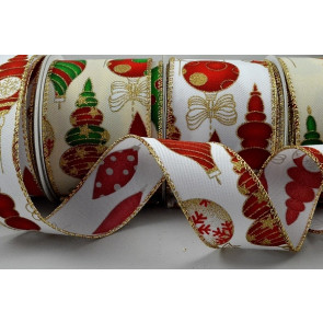 46056 - 38mm & 63mm Wired edge Christmas design ribbon with Gold sparkly baubles  x 10mts
