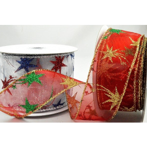 46057 - 38mm & 63mm Wired Lurex edge Sheer ribbon with a Sparkly Starry design for Christmas x 10mts
