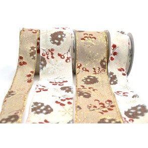 46058 - 38mm & 63mm Wired Lurex edge Polyester ribbon with a Pine cone and Berry Christmas design and sparkly snowflakes x 10mts