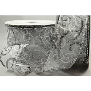 46059 - 63mm Silver Wired Lurex edge Sheer ribbon with a Glittery and Sparkly Christmas Swirl Design x 10mts