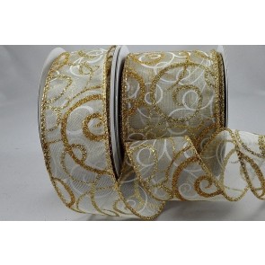 46059 - 38mm Gold Wired Lurex edge Sheer ribbon with a Glittery and Sparkly Christmas Swirl Design x 10mts
