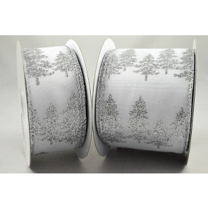 46062 - 63mm White Bright and Silver Sparkly Lurex wired edge ribbon with a Christmas tree wintery design x 10mts