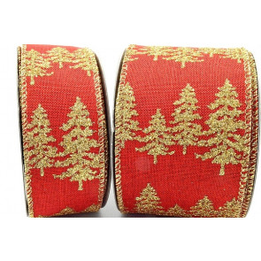 46062 - 38mm Red Bright and Gold Sparkly Lurex wired edge ribbon with a Christmas tree wintery design x 10mts