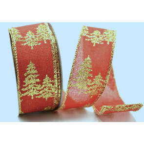 Y866 - 38mm Red Bright and Gold Sparkly Lurex wired edge ribbon with a Christmas tree wintery design x 10mts