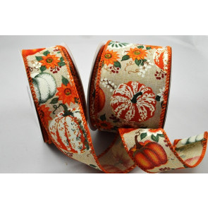 46065 - 38mm/63mm Wired woven edge natural ribbon with a Pumpkin Halloween and Autumn design x 10mts