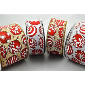 46066 - 38mm/63mm Bright Red and White Christmas Baubles with a hint of sparkle and a beautiful lurex wired woven edge x 10mts