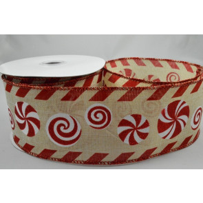 46067 - 63mm Wired edge Red Swirls Christmas design onto a Cream ribbon with a detailed edge x 10m 