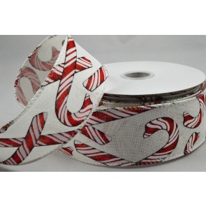 46068 38mm Festive Candy Stripe Printed design onto a natural wired edge ribbon