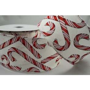 46068 63mm Festive Candy Stripe Printed design onto a natural wired edge ribbon