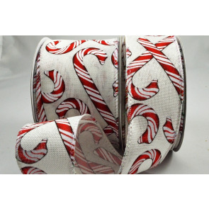 46068 38mm/63mm Festive Candy Stripe Printed design onto a natural wired edge ribbon