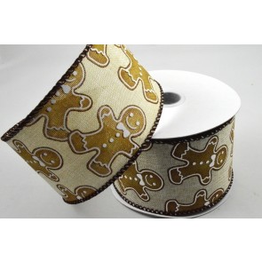 Y1001  63mm Wired Natural Woven edge ribbon with a Festively fun Gingerbread man design and Chocolate coloured edge x 10m