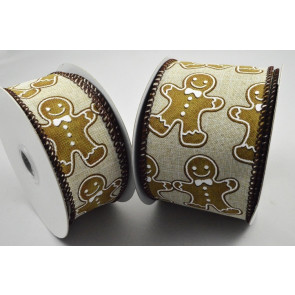 46069  38mm / 63mm Wired Natural Woven edge ribbon with a Festively fun Gingerbread man design and Chocolate coloured edge x 10m