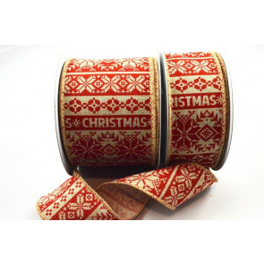 46070  38mm/63mm Natural Wired Edge woven ribbon with a Christmas message and snowflakes design x 10mts