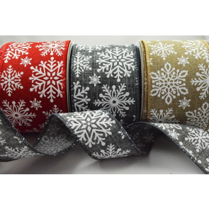 46071 - 38mm/63mm Woven wired edge natural feel ribbon with a Chilly White printed Snowflake design x 10mts