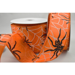 46074 - 38mm / 63mm  Bright Orange wired woven edge ribbon with a SPOOKY white web and GHASTLY black spider design x 10mts