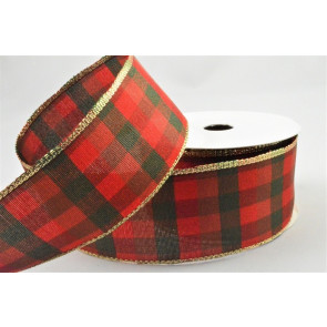 46076 - 40mm Wired edge Modern check Red and Green ribbon with a gold edge x 11m 