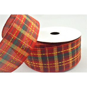 46077 - 40mm Wired edge Modern check Red , Green and Gold ribbon x 11m 
