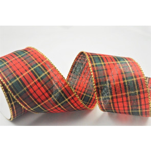 46079 - 63mm Wired edge Festive Red and Green Tartan check with a touch of gold lurex sparkle x 11m 