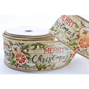 Y856 - 63mm Wide woven wired edge Natural festive Merry Christmas ribbon x 10mts