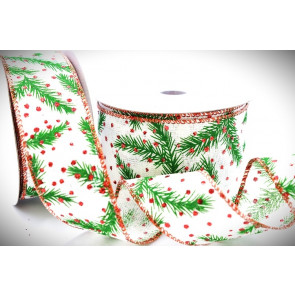 46084 - 38mm , 63mm Wide woven red wired edge Cream with a lovely and bright red and green Christmas design ribbon x 10mts  