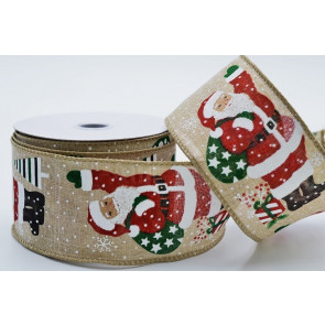 46086 - 63mm Wide woven wired edge Natural Jolly Father Christmas colourful design ribbon x 10mts