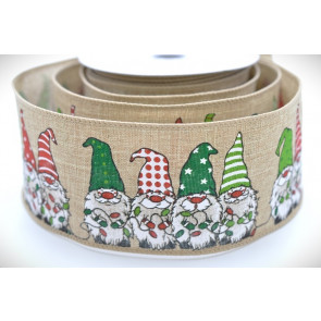 46087 - 63mm Wide woven wired edge Natural Cheeky Christmas Elves colourful design ribbon x 10mts