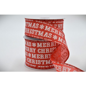 46088 - 38mm , 63mm Wide woven wired edge Red and White Merry Christmas message ribbon x 10mts