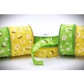 46089 - 25mm, 38mm , 63mm Wide woven wired edge Bright Yellow or Green Summery Bumble Bee and Flowery ribbon x 10mts