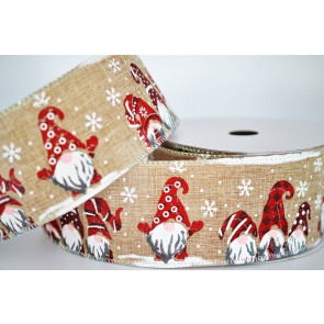 46090 - 63mm woven wired edge Natural Christmas Elves and snowflakes ribbon x 10mts