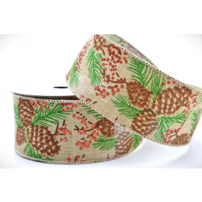 46092 - 63mm Wide woven wired edge Natural Pine tree and cone colourful Christmas ribbon with sparkly red berries x 10mts