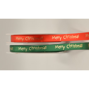 54113 - 10mm Merry Christmas Satin Print (20 Metres) (Red and Green available)