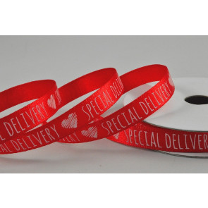 Y926 - 10mm Red Satin Special Delivery Heart Ribbon x 10 Metre Rolls!