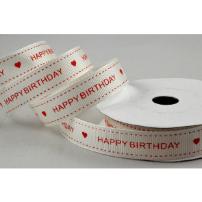 55113 - 16mm Cream & Red Grosgrain Happy Birthday Printed Ribbon x 10 Metre Rolls!