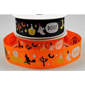 55116 - 22mm Halloween Ghost Boo Pumpkin Printed Grosgrain Ribbon x 10 Metre Rolls!! 